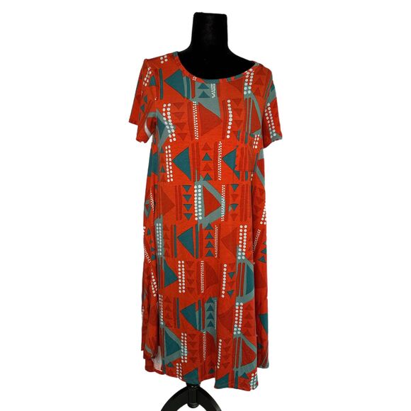 LulaRoe Orange and Teal Carly Dress, Medium, Pre-owned - Picture 3 of 6